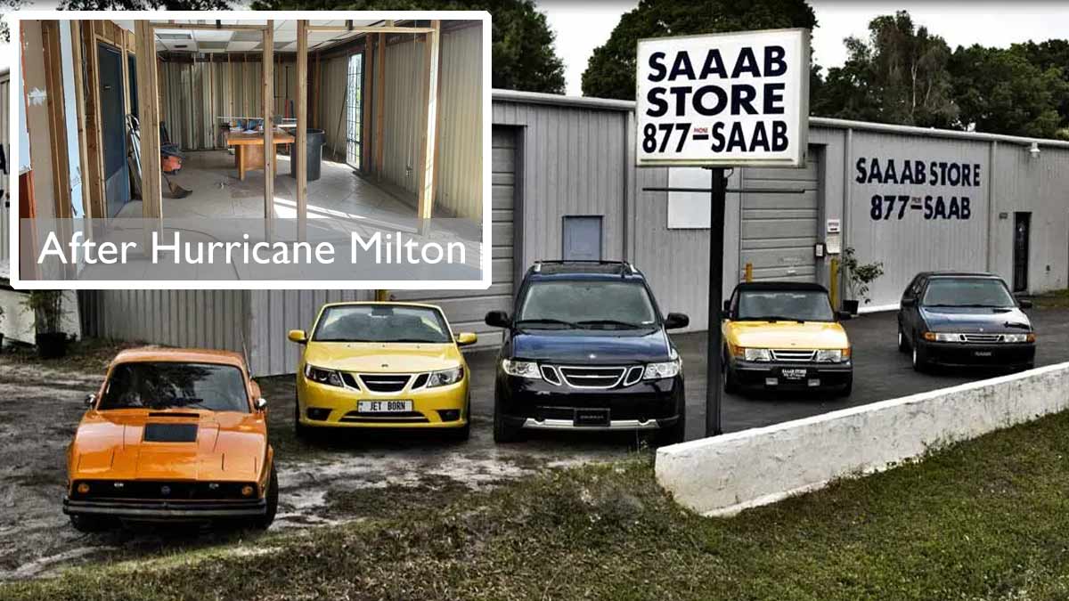 The SAAAB Store in Florida—standing resilient but battered after Hurricane Milton's floodwaters. Help rebuild this haven for Saab enthusiasts.