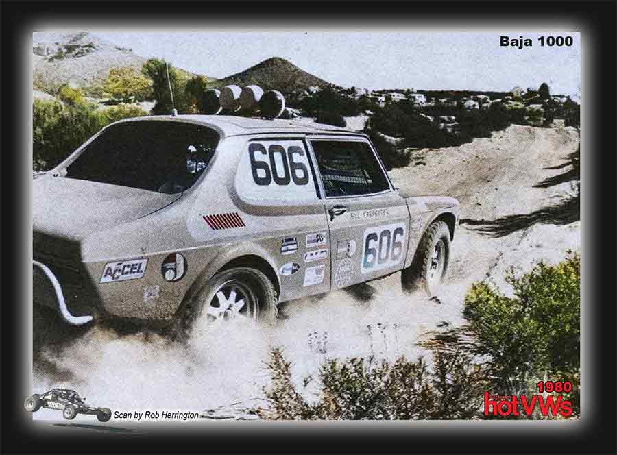  1979 Baja 1000. Bill Carpenter/Frank Ball won Class 6 in a respectable time of just over 29 hours driving their Saab. Photo credit: dune buggies and hot VWs February 1980 issue.