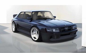 The image depicts a sleek and modernized sketch of a Saab 900 Turbo restomod project. The sketch highlights the car's transformed appearance, featuring widened arches that give it an aggressive and commanding presence.