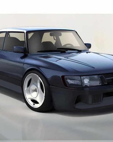 The image depicts a sleek and modernized sketch of a Saab 900 Turbo restomod project. The sketch highlights the car's transformed appearance, featuring widened arches that give it an aggressive and commanding presence.