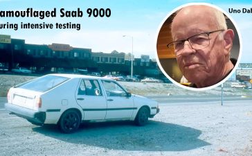 Camouflaged Saab 9000 undergoing intensive testing, with insights from Uno Dahl, who was responsible for the car's comprehensive safety and performance evaluations.