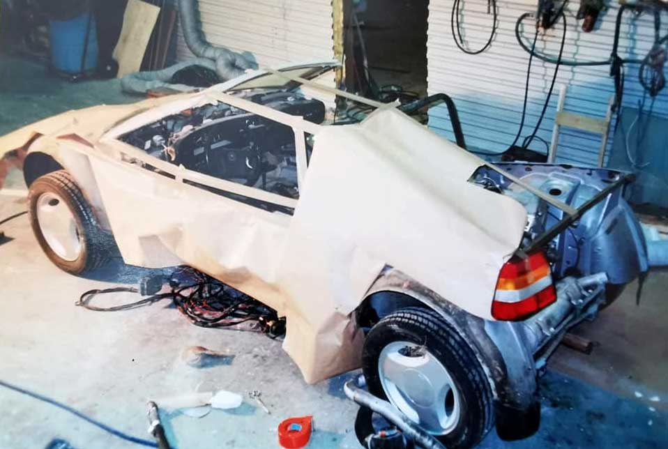 An early snapshot from the 1980s—only the skeletal frame of Tommy Gullberg's future supercar in his workshop.