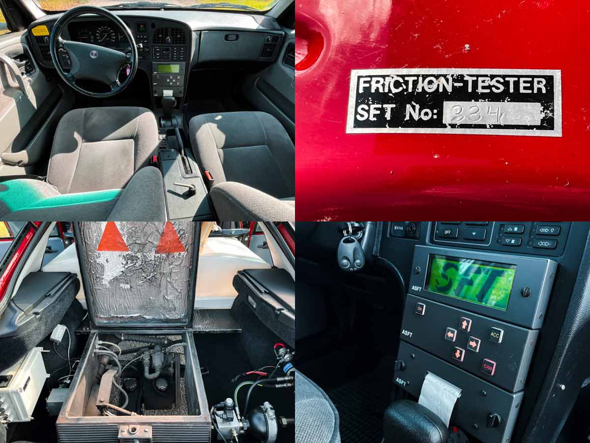 Detailed interior and operational views of the 1996 Saab 9000 SFT, showing the unique features and specialized equipment used for friction testing. The top-left image reveals the car's well-preserved interior, while the top-right shows the identification plate with the SFT number 334. The bottom-left displays the equipment in the trunk area used for testing, and the bottom-right highlights the control panel for the friction testing system. These images underscore the car's exceptional condition and its specialized role in airport safety operations.