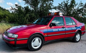 The rare 1996 Saab 9000 SFT, originally used at Sofia Airport as a friction tester, ready for auction with no reserve price. This meticulously preserved vehicle, with only 25,000 kilometers on the odometer, has garnered global interest from collectors.