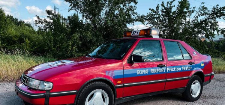 The rare 1996 Saab 9000 SFT, originally used at Sofia Airport as a friction tester, ready for auction with no reserve price. This meticulously preserved vehicle, with only 25,000 kilometers on the odometer, has garnered global interest from collectors.