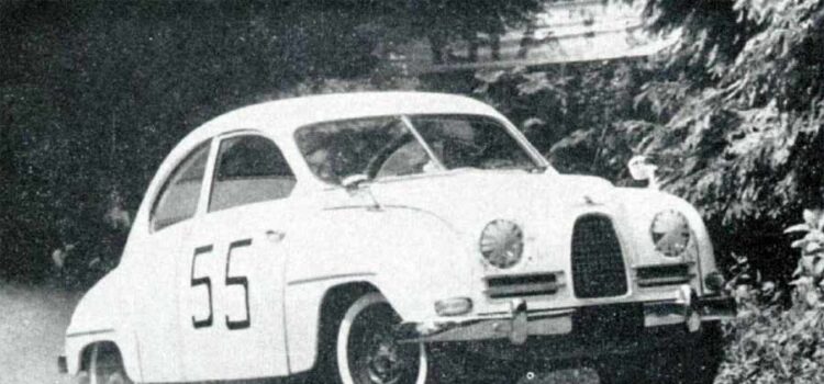 Early model little white Saab make its debut at Cloudbank, New York hill climb