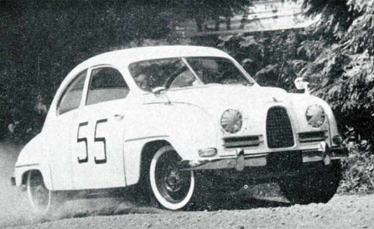 Early model little white Saab make its debut at Cloudbank, New York hill climb