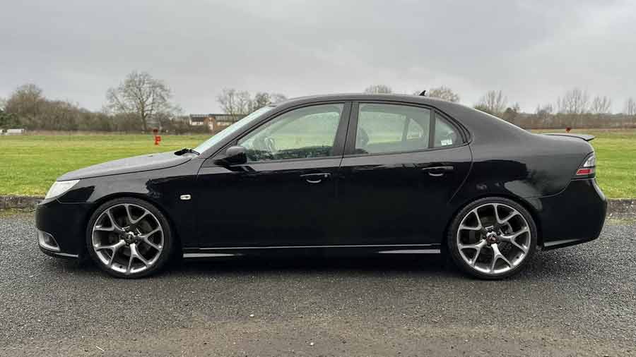 Behold the Saab 9-3 TTiD—a sleek black beauty with its aerodynamic body and attention-grabbing 19-inch VXR-style wheels. 