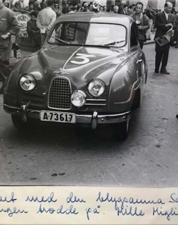 The 1956 Saab 93A at the 1957 Mille Miglia, driven by Charlie Lohmander and Harald Kronegård, on its way to a class victory that surprised the racing world.