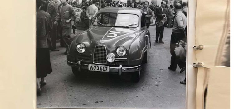 The 1956 Saab 93A at the 1957 Mille Miglia, driven by Charlie Lohmander and Harald Kronegård, on its way to a class victory that surprised the racing world.