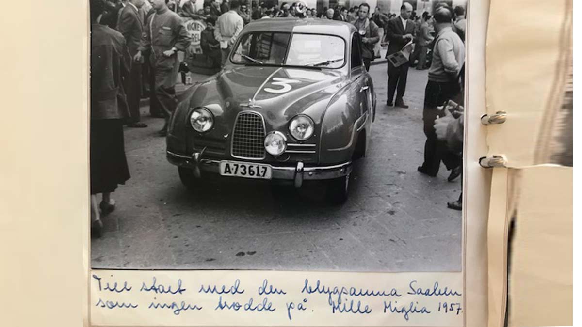 The 1956 Saab 93A at the 1957 Mille Miglia, driven by Charlie Lohmander and Harald Kronegård, on its way to a class victory that surprised the racing world.