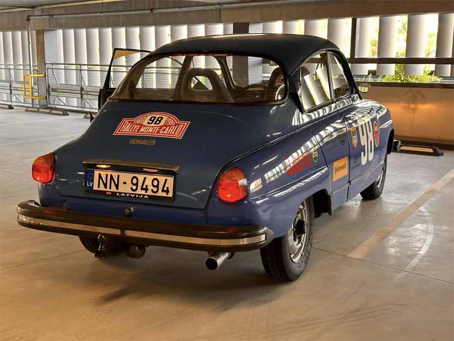 Classic Charisma from Every Angle: Captivating Rear View of the 1976 Saab 96, a Testament to Timeless Design and Expert Restoration.