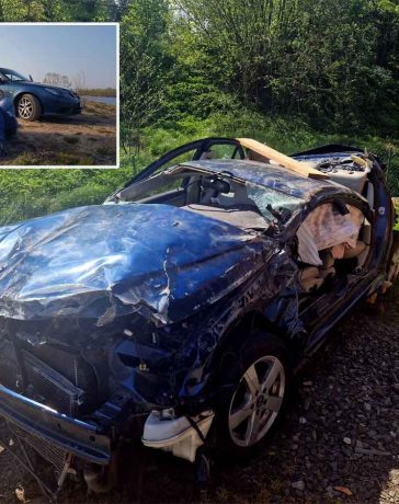 Saab Damaged beyond recognition - The aftermath of a horrific car accident on the highway