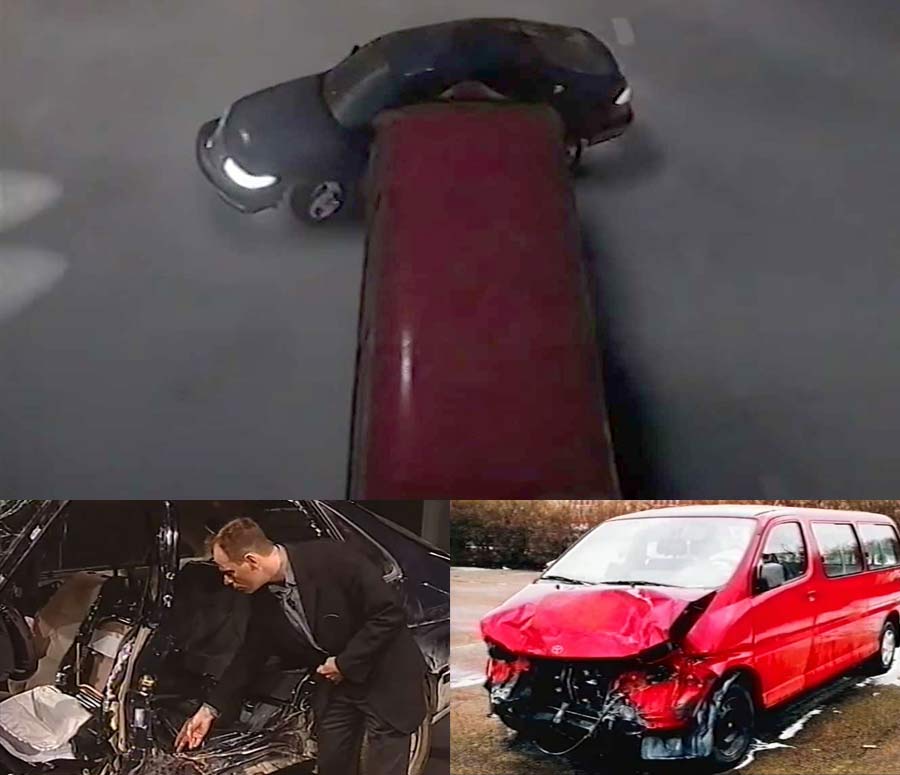 Scene from a real-world collision: At the top, a visual recreation of the crash scenario between a Saab 9-3 and a Volkswagen van. Below, the actual vehicles involved in the accident, brought into the studio for detailed analysis—highlighting the Saab 9-3's exceptional side-impact protection and the Volkswagen van's significant front-end damage.