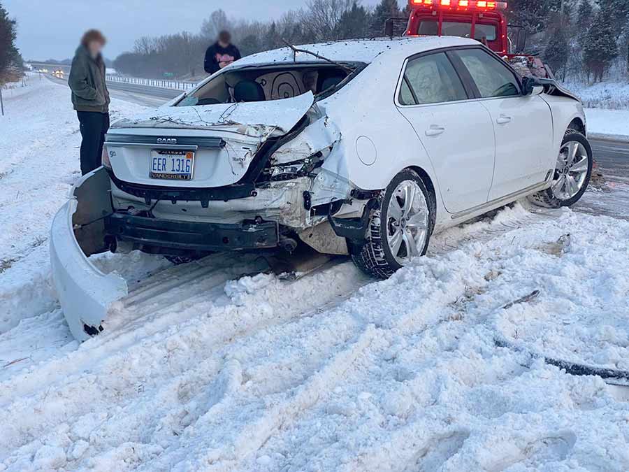 The aftermath of Jeffrey Porter’s Saab 9-5 NG—scarred but unbroken, a testament to the car’s impeccable safety engineering