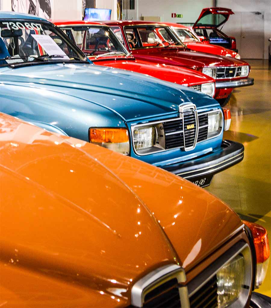 A colorful lineup of Saab classics at the Saab Car Museum, showcasing the brand’s rich history of innovation and timeless design. (Photo by Emilia Raiskio)