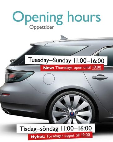 Starting this Thursday, the Saab Car Museum is open in the evenings once a week! We are open as usual Tuesday–Sunday 11:00–16:00, but now extends the opening hours to 19:00 on Thursdays.