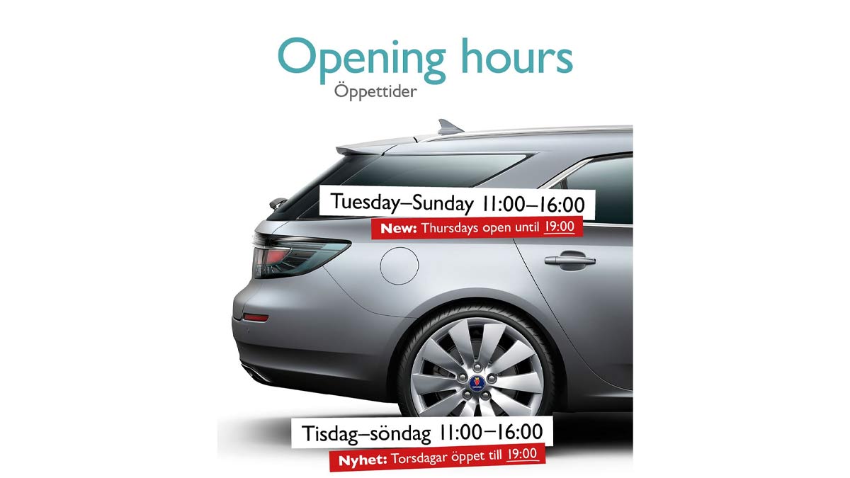 Starting this Thursday, the Saab Car Museum is open in the evenings once a week! We are open as usual Tuesday–Sunday 11:00–16:00, but now extends the opening hours to 19:00 on Thursdays.