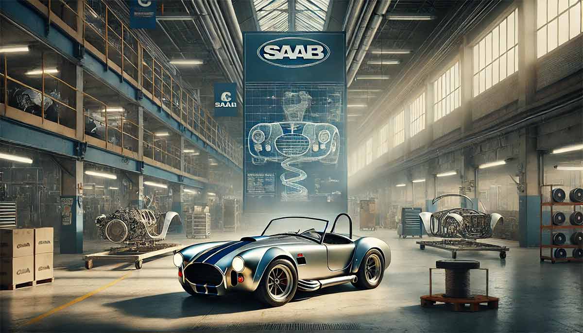 Trollhättan’s automotive legacy continues – The AC Cobra GT Roadster takes shape at the former Saab factory, with its chassis and production process on display, while the Saab heritage lingers in the background, marking a new era for the historic facility.