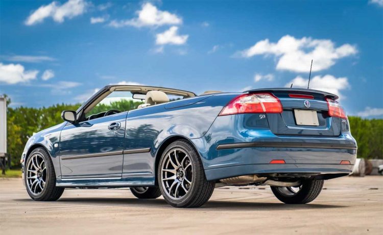 A 2007 Saab 9-3 2.0T Convertible in Fusion Blue Metallic