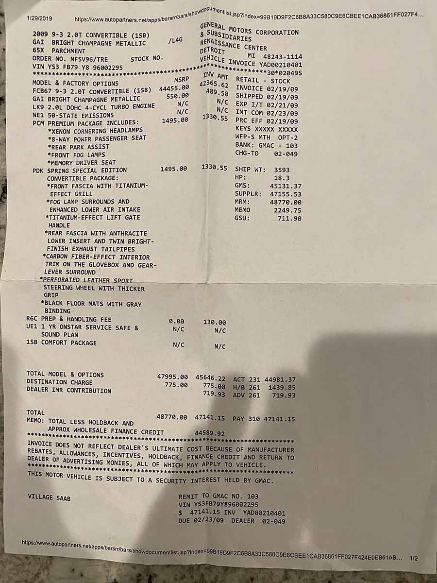 Original dealer invoice highlighting the rarity and exclusive options of Dave Birg’s 2009 Saab 9-3 Convertible in Bright Champagne Metallic.