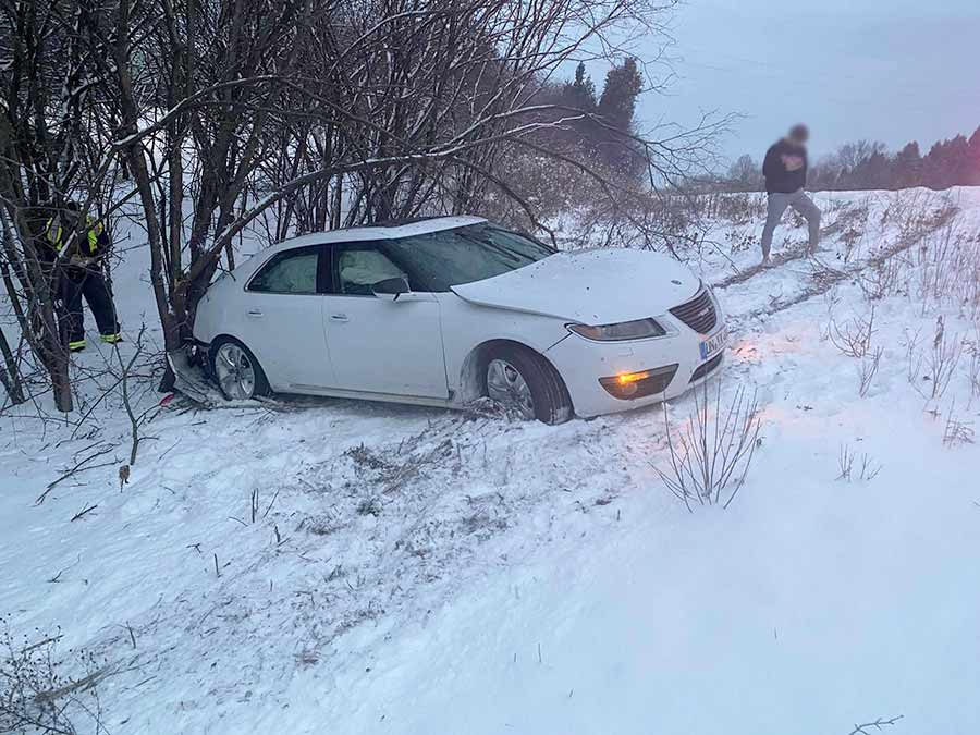  Saab 9-5 NG, nestled among the trees after the crash, its side-curtain airbags having performed flawlessly to shield its occupants