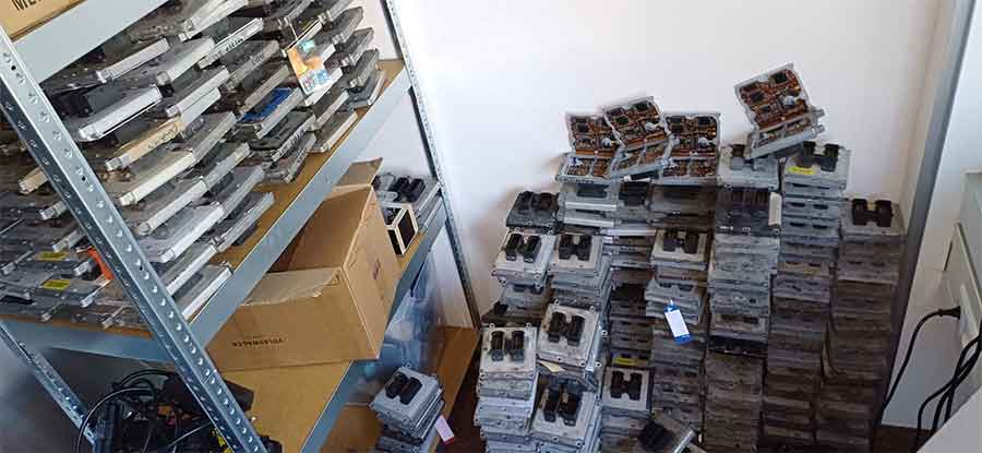  A glimpse into the inventory at KM-tronics, where countless Saab ECUs are refurbished and restored to keep Saab cars running smoothly. This dedication to reviving electronic components is vital to maintaining Saab vehicles long after their production ceased.