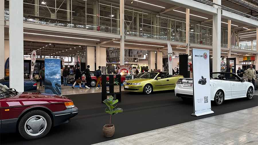 The stunning lineup of Saab Convertibles across generations at SaabWay Club Italy's booth at Auto e Moto d'Epoca 2024, showcasing the timeless elegance of Saab's open-top motoring legacy.