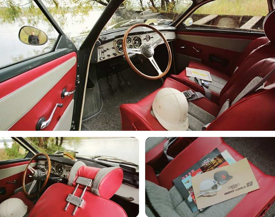 Stepping inside this 1965 Saab 96 Monte Carlo 850 feels like stepping back in time. The beautifully preserved red and gray interior radiates classic 1960s charm, while the wood-trimmed steering wheel offers a tactile connection to Saab's rallying roots. It's a space where function meets flair, with every detail—from the minimalist dashboard to the rally helmet on the seat—inviting you to take the wheel and relive a piece of automotive history.