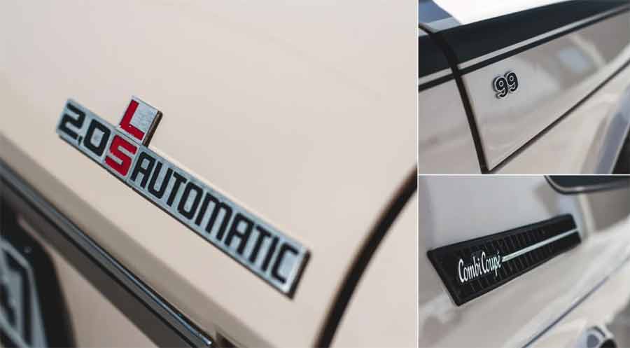 Detail Shots of the 1975 SAAB 99 Combi Coupe Automatic – Close-ups showcasing the distinctive badges and decals of this rare 2.0L LS Automatic model, highlighting its unique features and classic design.