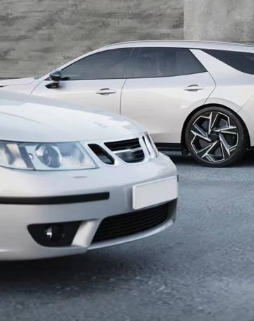 A striking side-by-side comparison of the classic Saab 9-5 Wagon and Sugar Chow's futuristic Lynk & Co 07 Wagon concept.