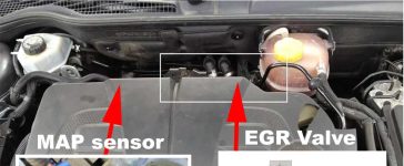 The MAP sensor and EGR valve locations on a Saab TTiD engine. Regular cleaning of both components is essential to prevent carbon buildup, maintain accurate readings, and ensure optimal performance. Together, they work to regulate airflow and exhaust gas recirculation, improving fuel efficiency and reducing emissions.