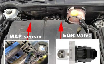 The MAP sensor and EGR valve locations on a Saab TTiD engine. Regular cleaning of both components is essential to prevent carbon buildup, maintain accurate readings, and ensure optimal performance. Together, they work to regulate airflow and exhaust gas recirculation, improving fuel efficiency and reducing emissions.