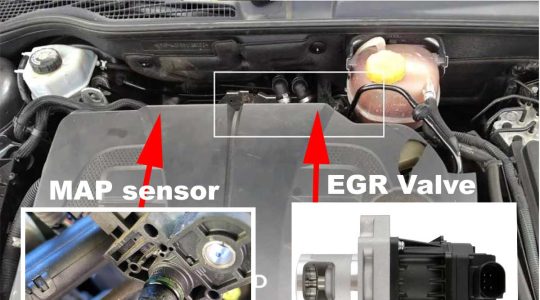 The MAP sensor and EGR valve locations on a Saab TTiD engine. Regular cleaning of both components is essential to prevent carbon buildup, maintain accurate readings, and ensure optimal performance. Together, they work to regulate airflow and exhaust gas recirculation, improving fuel efficiency and reducing emissions.