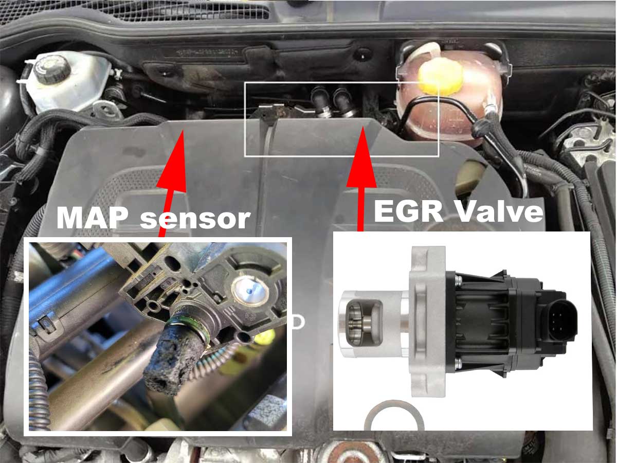 The MAP sensor and EGR valve locations on a Saab TTiD engine. Regular cleaning of both components is essential to prevent carbon buildup, maintain accurate readings, and ensure optimal performance. Together, they work to regulate airflow and exhaust gas recirculation, improving fuel efficiency and reducing emissions.