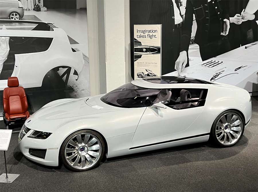 The iconic Saab Aero X concept car, a futuristic prototype from 2006, displayed at the Saab Museum in Trollhättan.