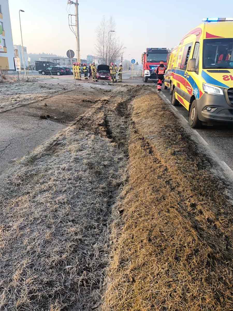 The deep tire tracks in the frosty ground show the Saab 9-5 Wagon’s trajectory as it veered off the road before rolling over.