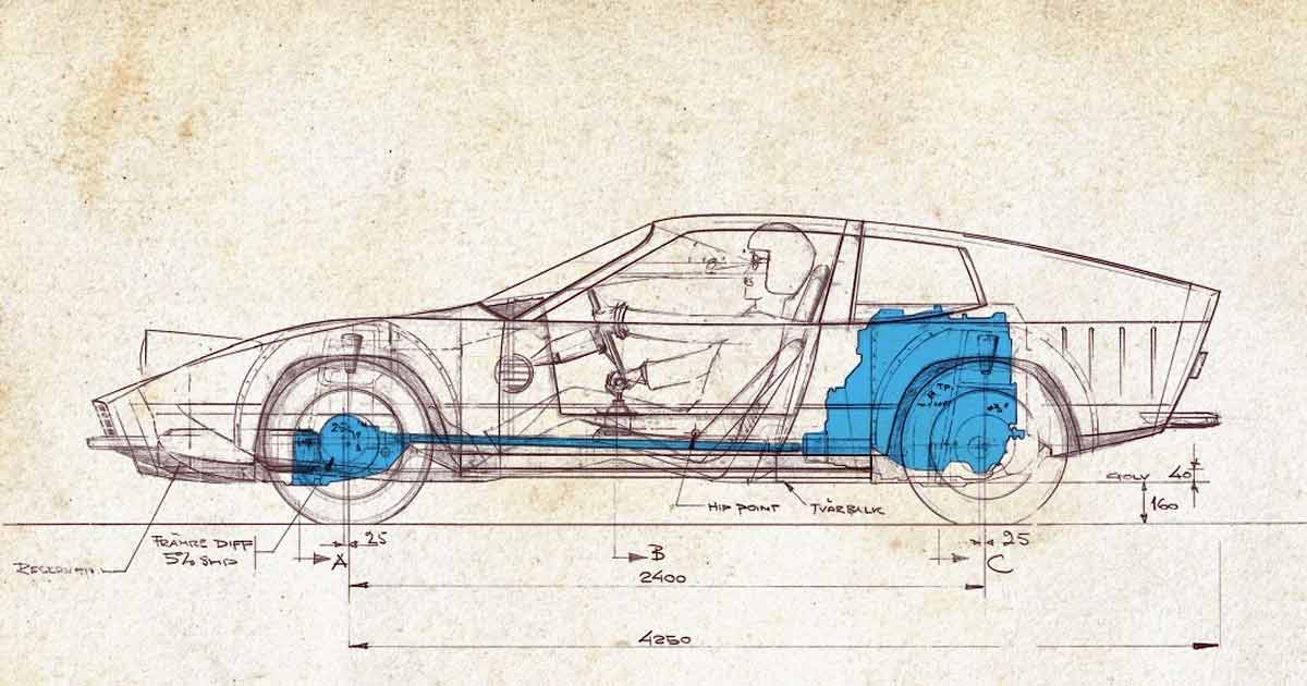 In 1970, Björn Andreasson designed the new Sonett IV with a central engine and four-wheel drive, using many chassis details from the then-new Saab 99.