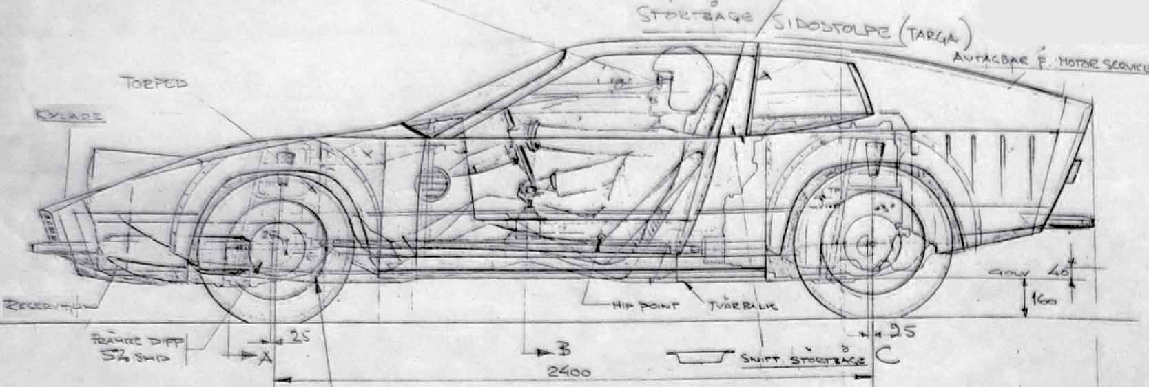 The blueprint shows the drivetrain with a mid-mounted engine from the Saab 99 and four-wheel drive transmission highlighted in blue. If realized, Saab would have been nearly a decade ahead of rally sport's Group B monsters with mid-engine and 4WD.