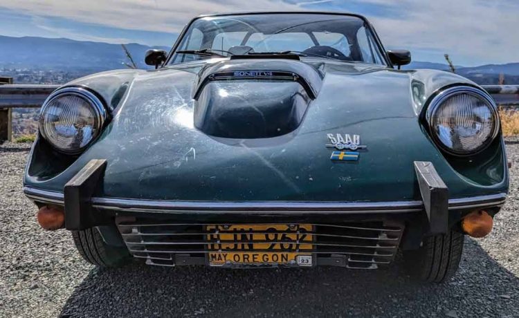 The 1969 Saab Sonett II V4 in a striking green finish—captivating the classic car scene with its vintage appeal and unique design.