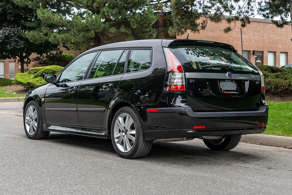 Saab 9-3 SportCombi 60th Anniversary Edition, captured from the rear, showcases its timeless design and exclusive 17-inch alloy wheels