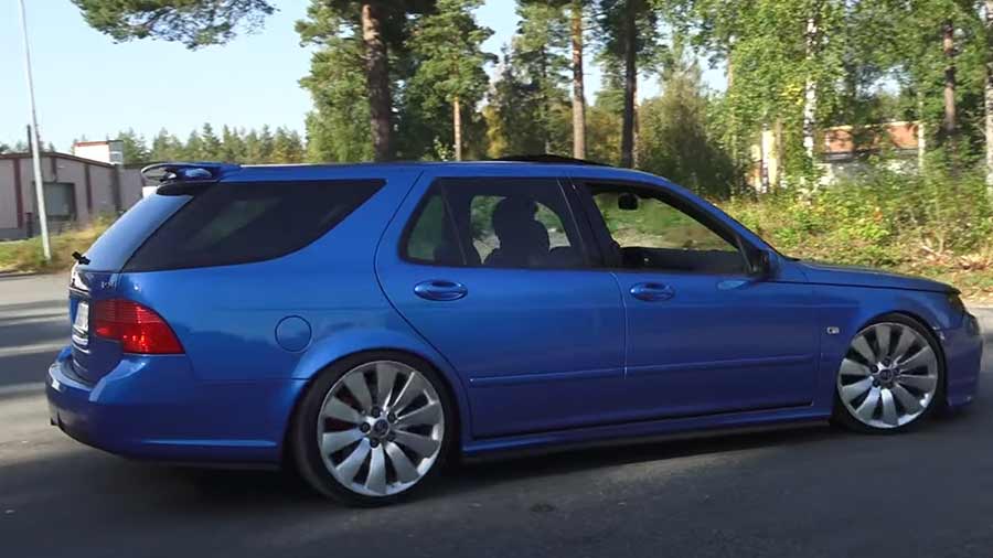 Low, sleek, and deceptively powerful, this custom blue Saab 9-5 Sportwagon redefines the term 'sleeper car' with its 600 HP under the hood, ready to dominate both the streets and the track.