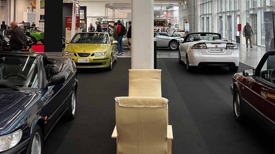 A captivating view of Saab Convertibles from multiple eras at the SaabWay Club Italy’s booth during Auto e Moto d'Epoca 2024, reflecting the brand's evolution and enduring appeal in open-top motoring.