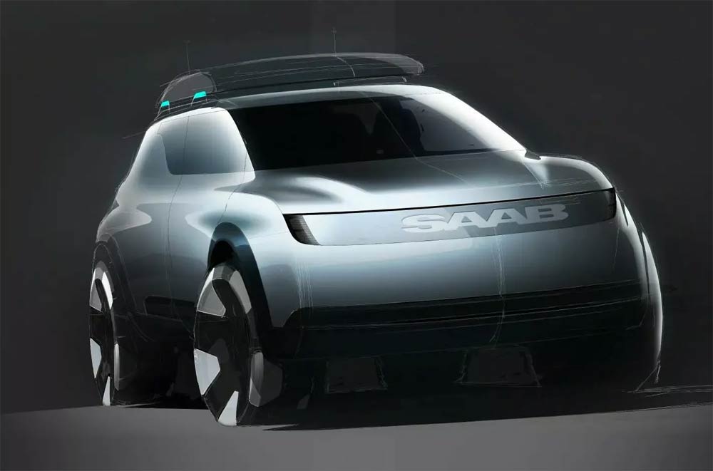 An aerodynamically driven, minimalist front end of a concept electric SUV, blending classic Saab elements with modern design features, including a clean bullet nose volume and simple cut-out graphics with Active-Aero panels for enhanced efficiency.