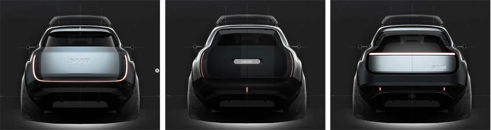 Three distinct versions of the Saab Rover concept's rear end, labeled Ver.C, showcasing a minimalistic design approach. Each version draws inspiration from early 2000s concepts, enriched with a modern aviation-influenced design language. Which version captures your imagination?