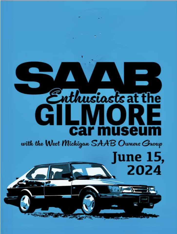 The image features a bold graphic design for a T-shirt tailored for an automobile enthusiast event. Center stage is taken by a classic SAAB car, depicted in profile view, that exudes vintage charm and is likely a model cherished by collectors and aficionados alike. 