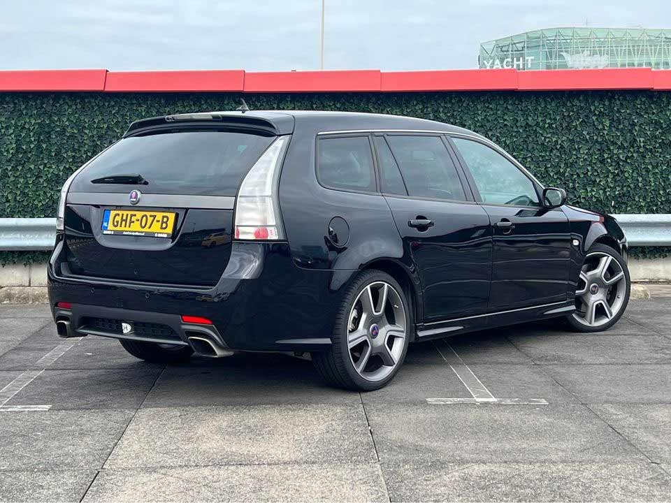 2008 Saab 9-3 Turbo X Sportcombi, showcasing its iconic 19-inch Turbo X wheels and dual exhausts. This high-performance AWD estate is a true collector’s piece, combining practicality with Saab’s turbocharged legacy.