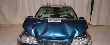 The Saab 9-3 after an unbelted frontal crash test at 40 km/h, showcasing the strength of its passive safety features—protecting occupants even in extreme conditions.