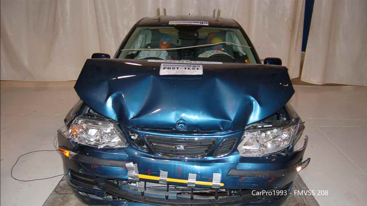 The Saab 9-3 after an unbelted frontal crash test at 40 km/h, showcasing the strength of its passive safety features—protecting occupants even in extreme conditions.