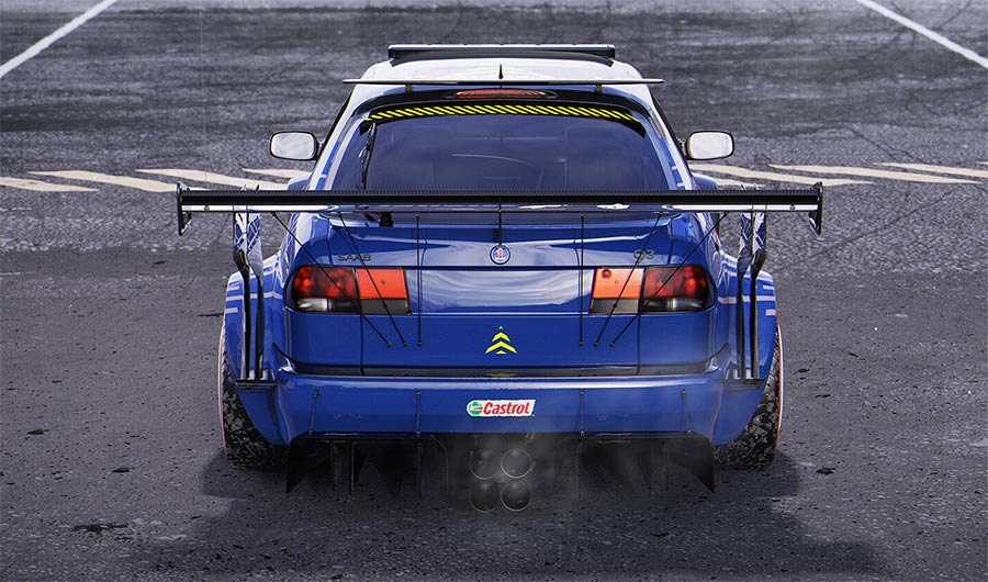 A bold reimagining of the Saab 9-3 Viggen as a racing powerhouse, showcasing Sugar Chow's unique vision of what could have been for this iconic model. The aggressive rear design, complete with a massive spoiler and racing details, highlights the fusion of Saab’s legacy with a modern, competitive edge.